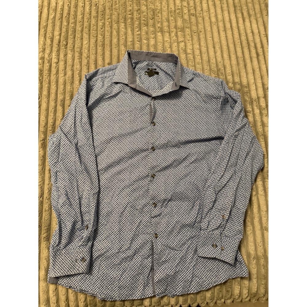 Bar III Mens Slim Fit Blue Geometric Medallion Button Down Shirt Large 16-16.5
